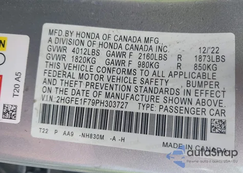 2023 Honda Civic Ex /Ex W/O Bsi из США, поврежденный, VIN 2HGFE1F79PH303727